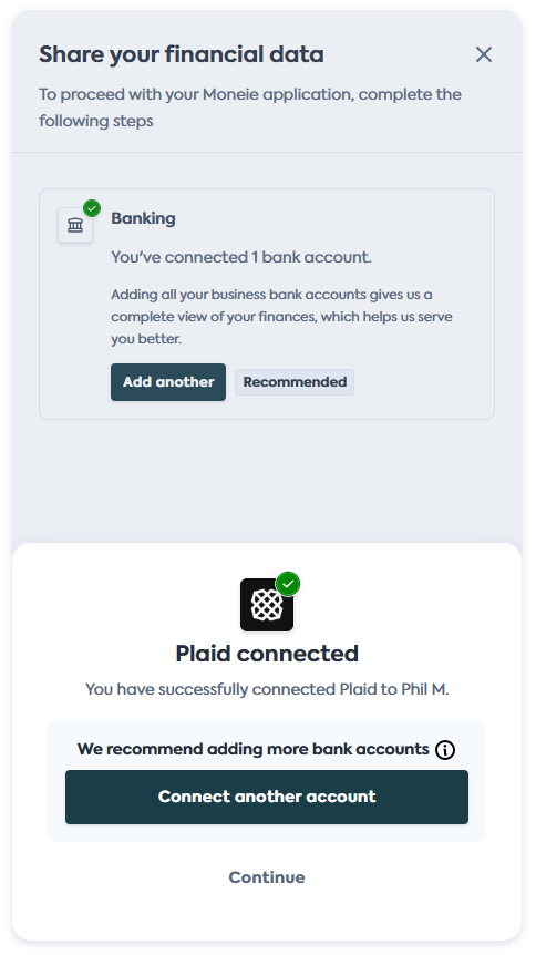 Plaid connected — prompt to connect another account